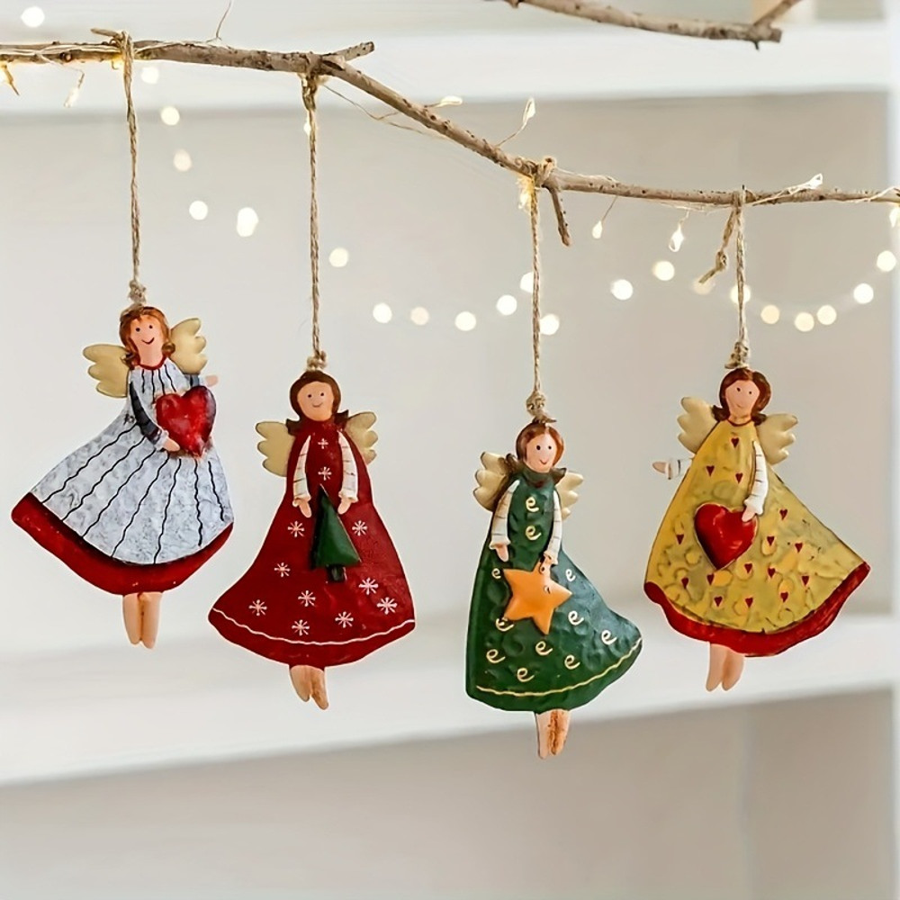 Vintage Angel Hanging Decor, Wooden Xmas Tree Ornament for Home Navidad New Year Gift