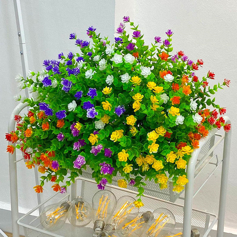 Artificial UV Resistant Fake Flowers Outdoor, Plastic Hanging Shrubs for Garden Home Decor