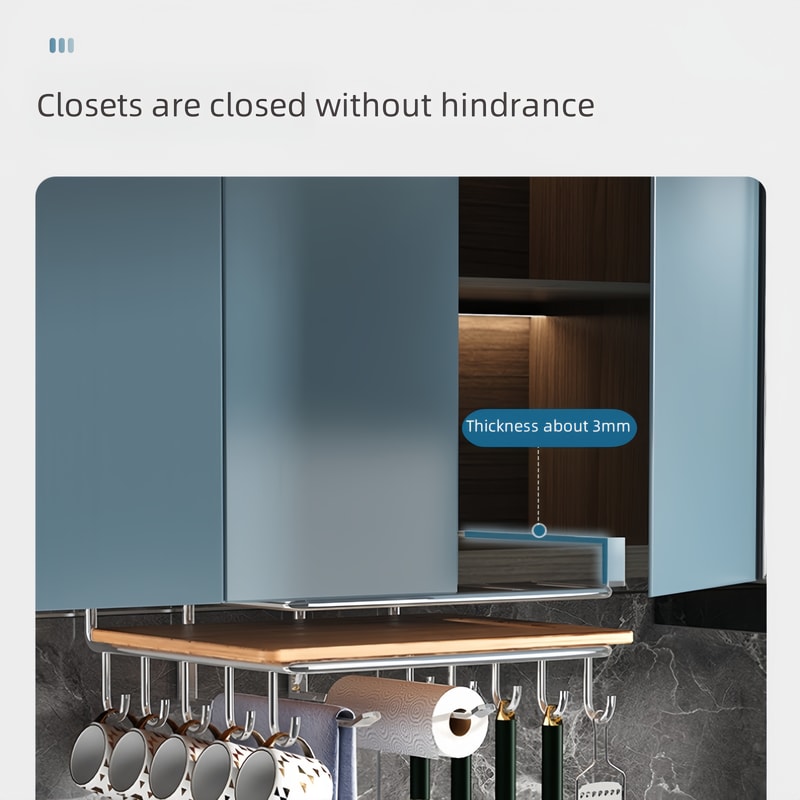 Stainless Steel Hanging Kitchen Storage Rack with Hooks, Paper Towel, and Utensils Holder, Cutting Board Shelf