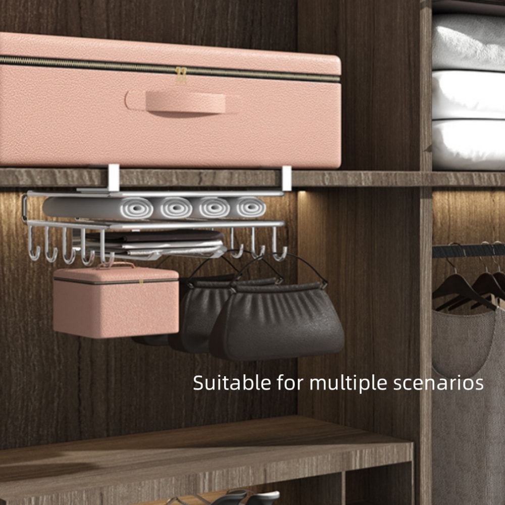 Stainless Steel Hanging Kitchen Storage Rack with Hooks, Paper Towel, and Utensils Holder, Cutting Board Shelf