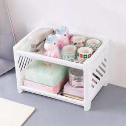 double/triple layered desktop storage shelves for office stationery, cosmetics, and miscellaneous items