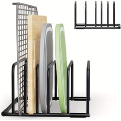 multi-functional iron kitchen rack, space-saving storage for cutting boards, baking pans, and wire mesh basket