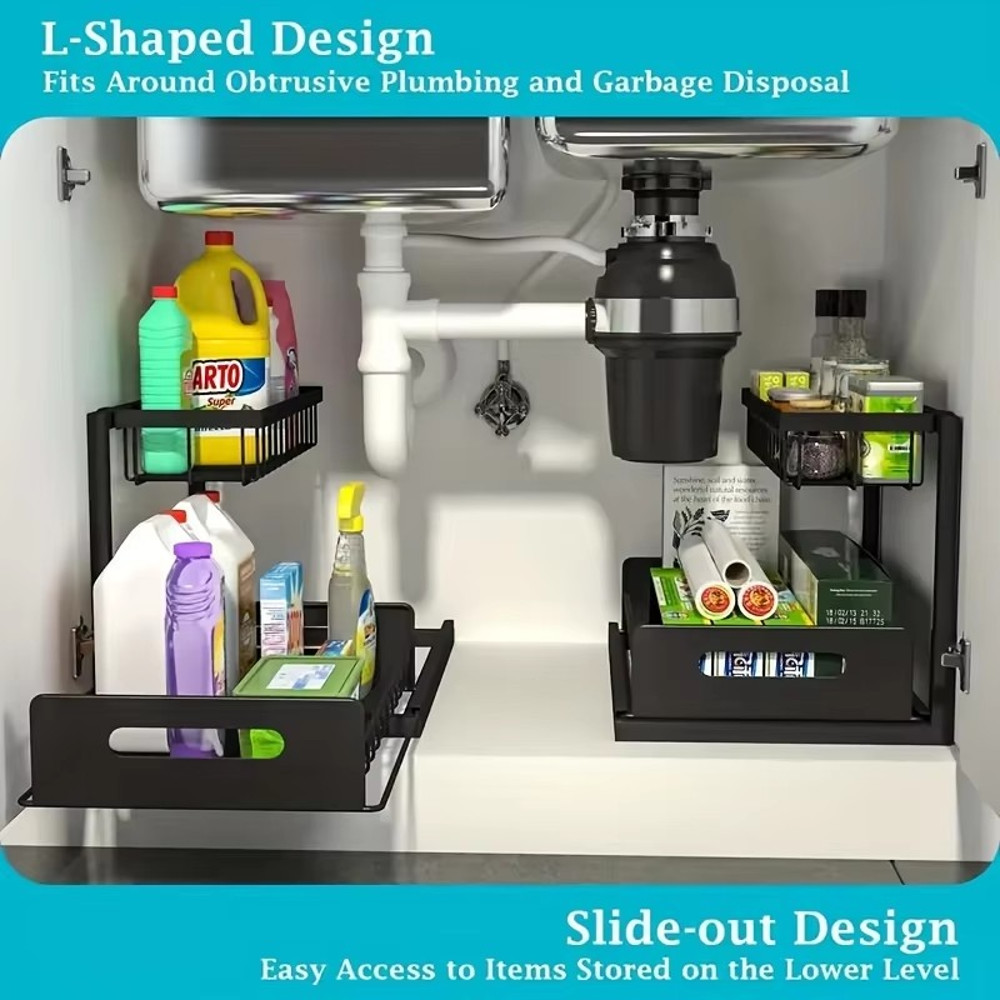 Draw out Cabinet Organizer, Slide Out Sink Rack, 2 layer Cabinet Storage Rack, Pull Out Shelf for Kitchen and Bathroom