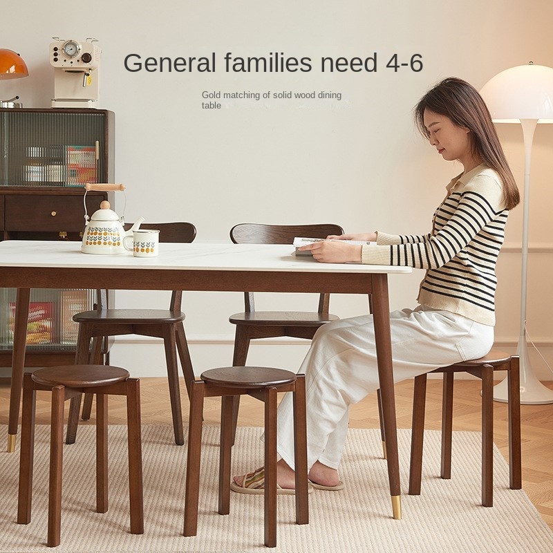 Dining Table Stool, Modern Simple Square Round Rubber Wood, Household Solid Wood Living Room Dining Room Stackable Seat