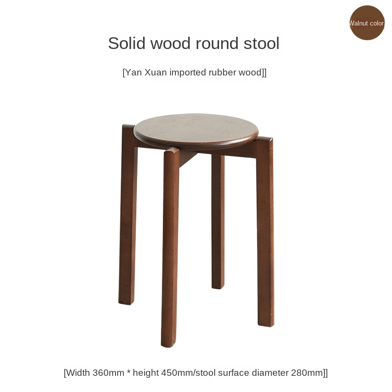 Dining Table Stool, Modern Simple Square Round Rubber Wood, Household Solid Wood Living Room Dining Room Stackable Seat