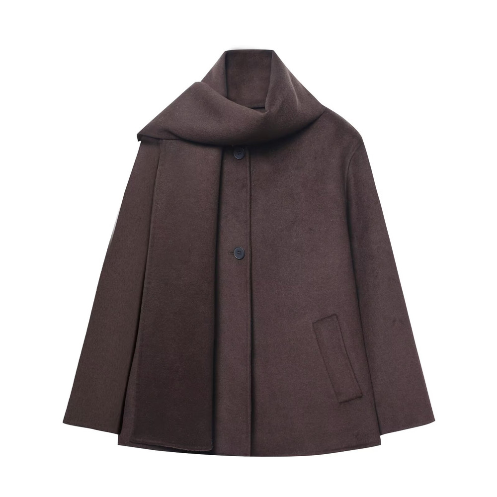 Chocolate Brown Scarf Jacket Women Loose Thick Warm Coat Autumn Winter Casual Office Lady Outwear 3