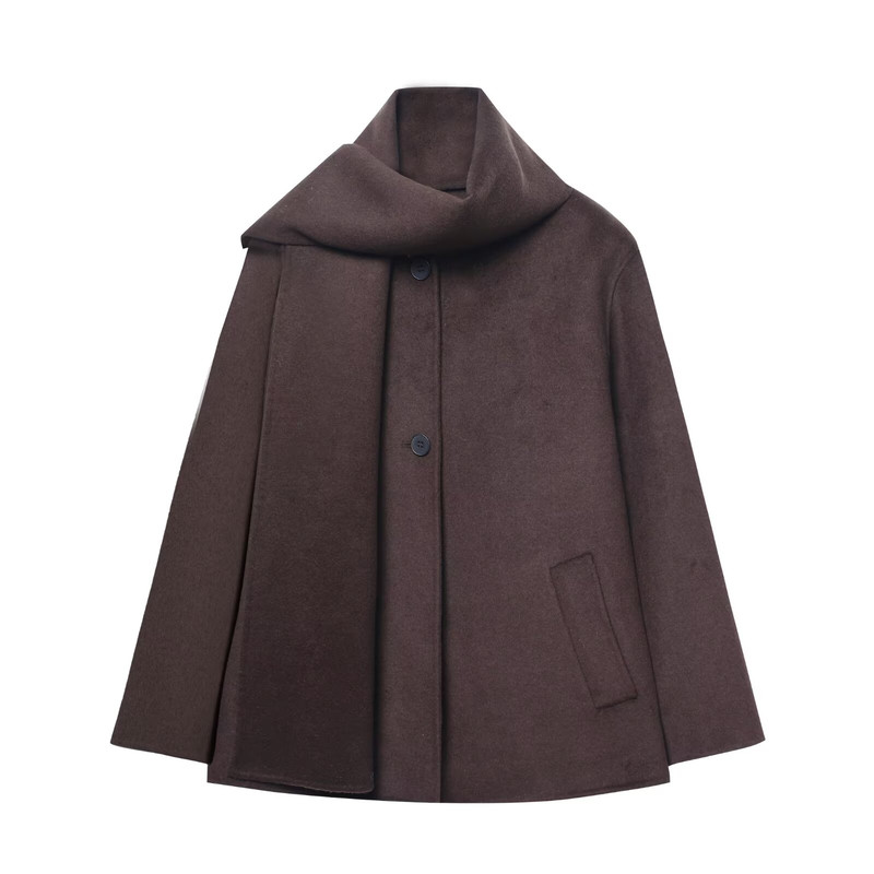 Chocolate Brown Scarf Jacket Women Loose Thick Warm Coat Autumn Winter Casual Office Lady Outwear 3