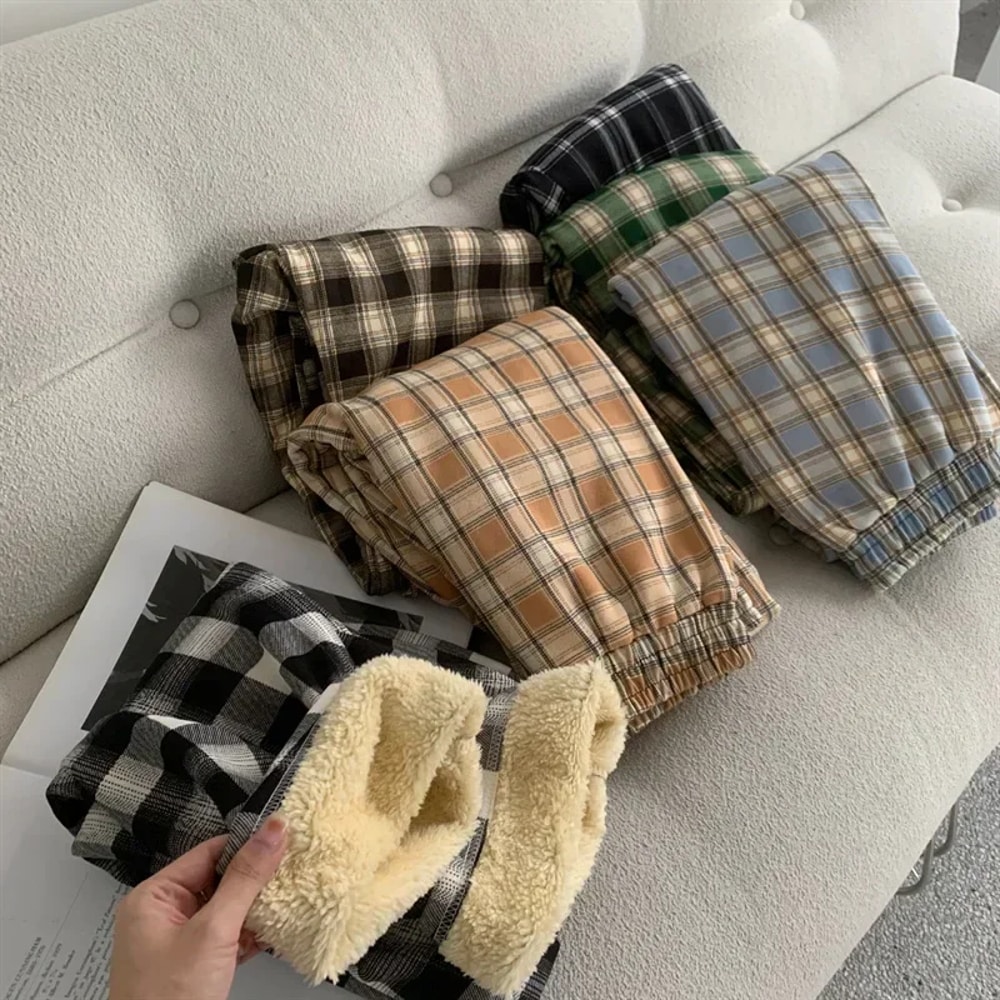 Fashion Warm Plush Pants Cashmere Thick Plaid Ladies Winter Casual Loose Widelegged Pants For Stree 1