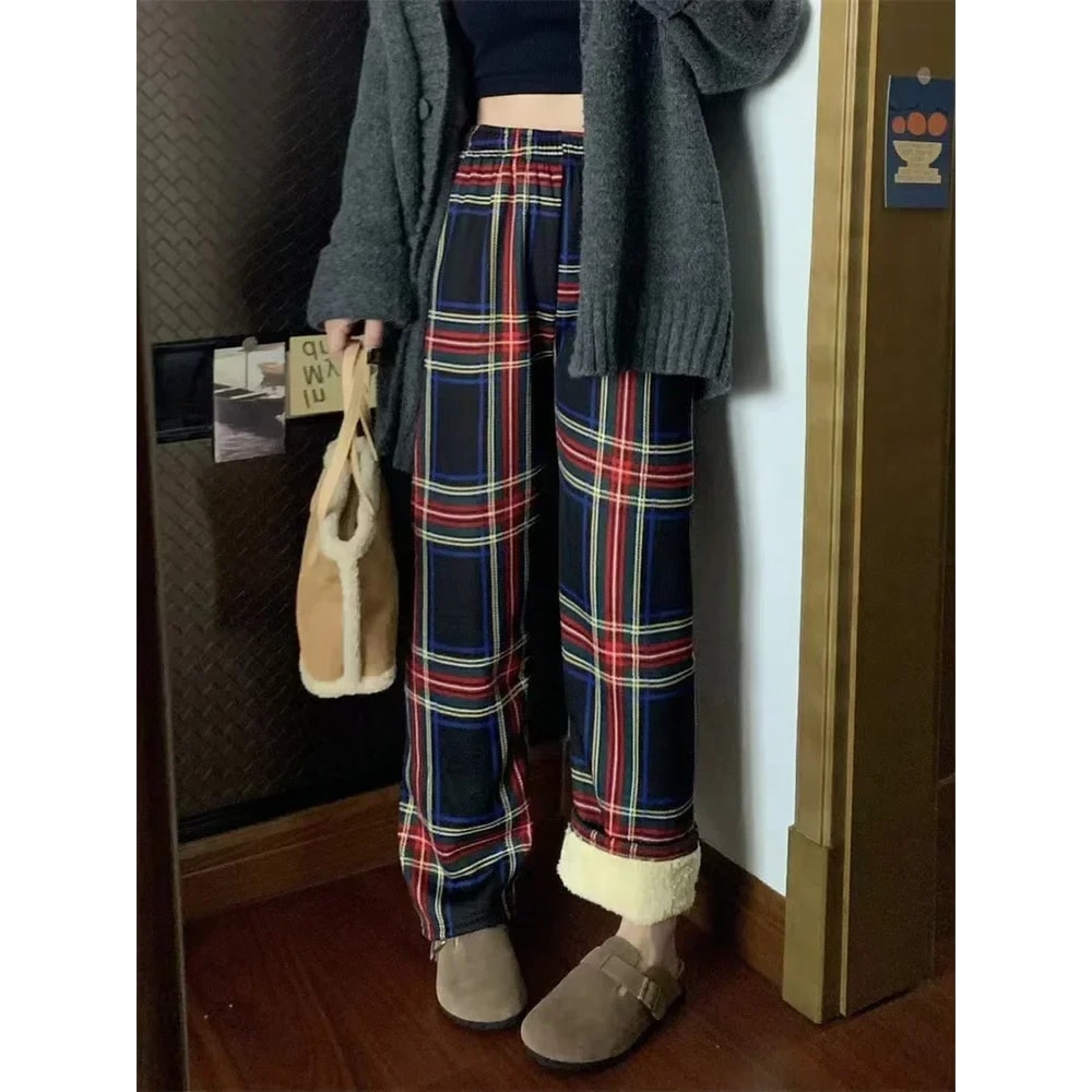 Fashion Warm Plush Pants Cashmere Thick Plaid Ladies Winter Casual Loose Widelegged Pants For Stree 5