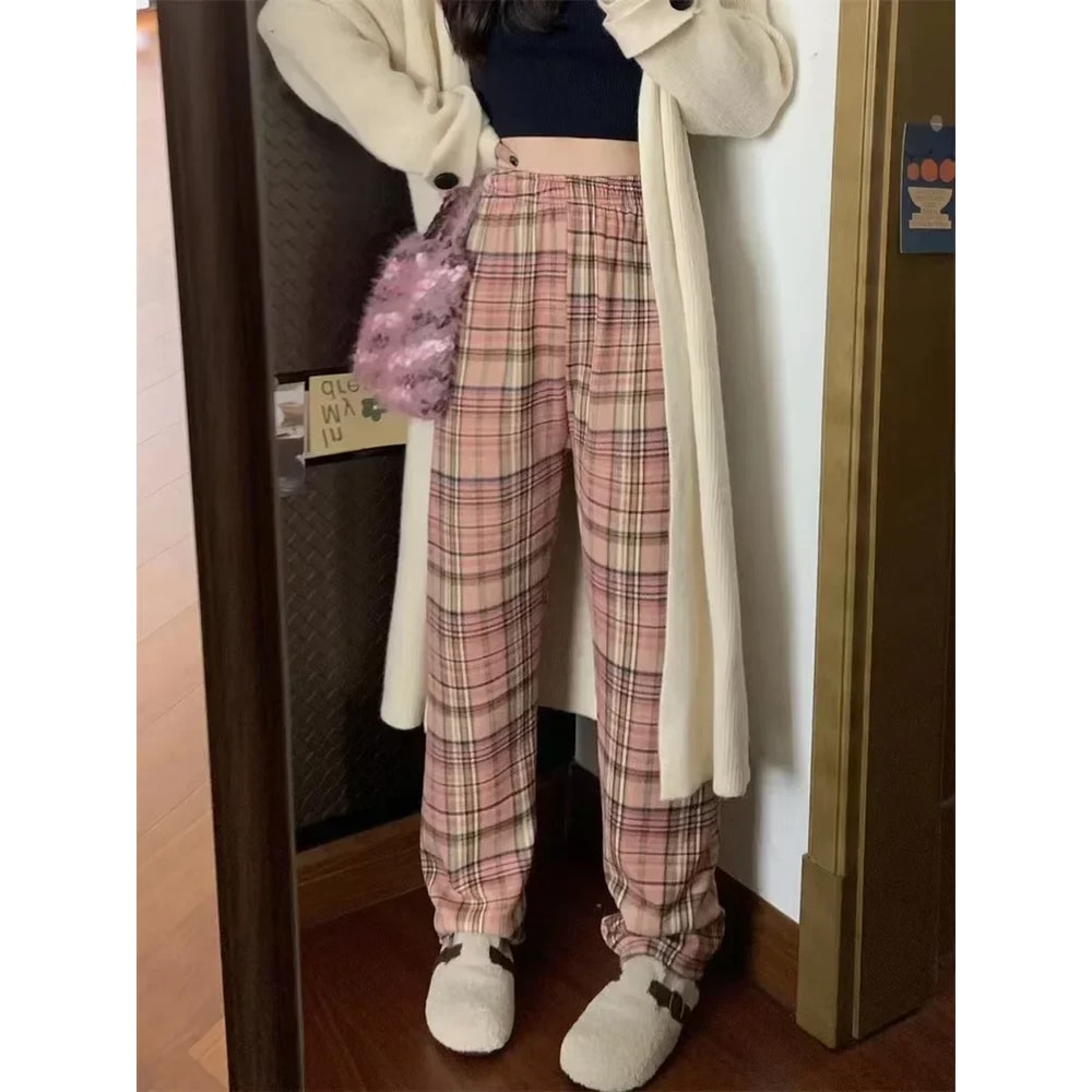 Fashion Warm Plush Pants Cashmere Thick Plaid Ladies Winter Casual Loose Widelegged Pants For Stree 6