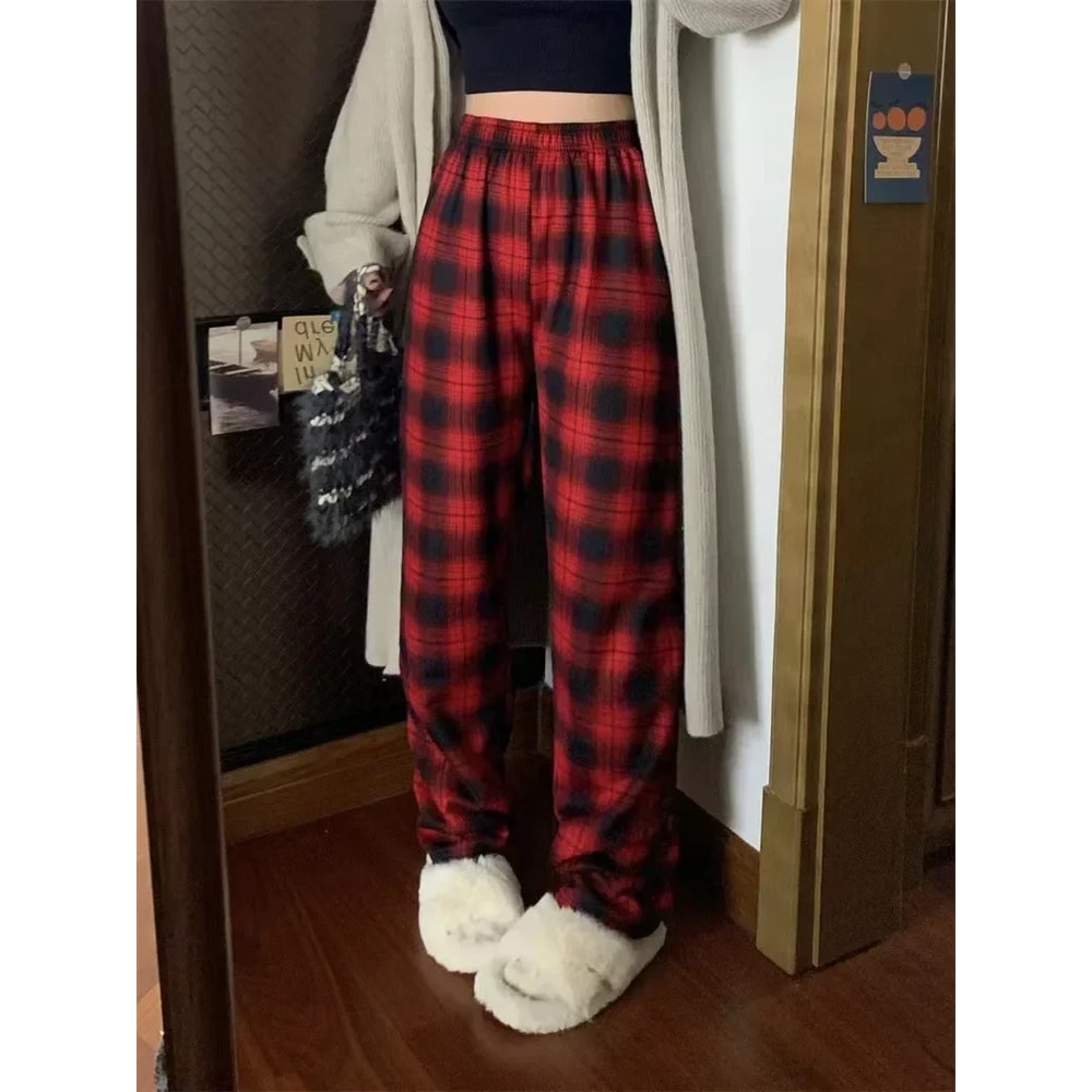 Fashion Warm Plush Pants Cashmere Thick Plaid Ladies Winter Casual Loose Widelegged Pants For Stree 7