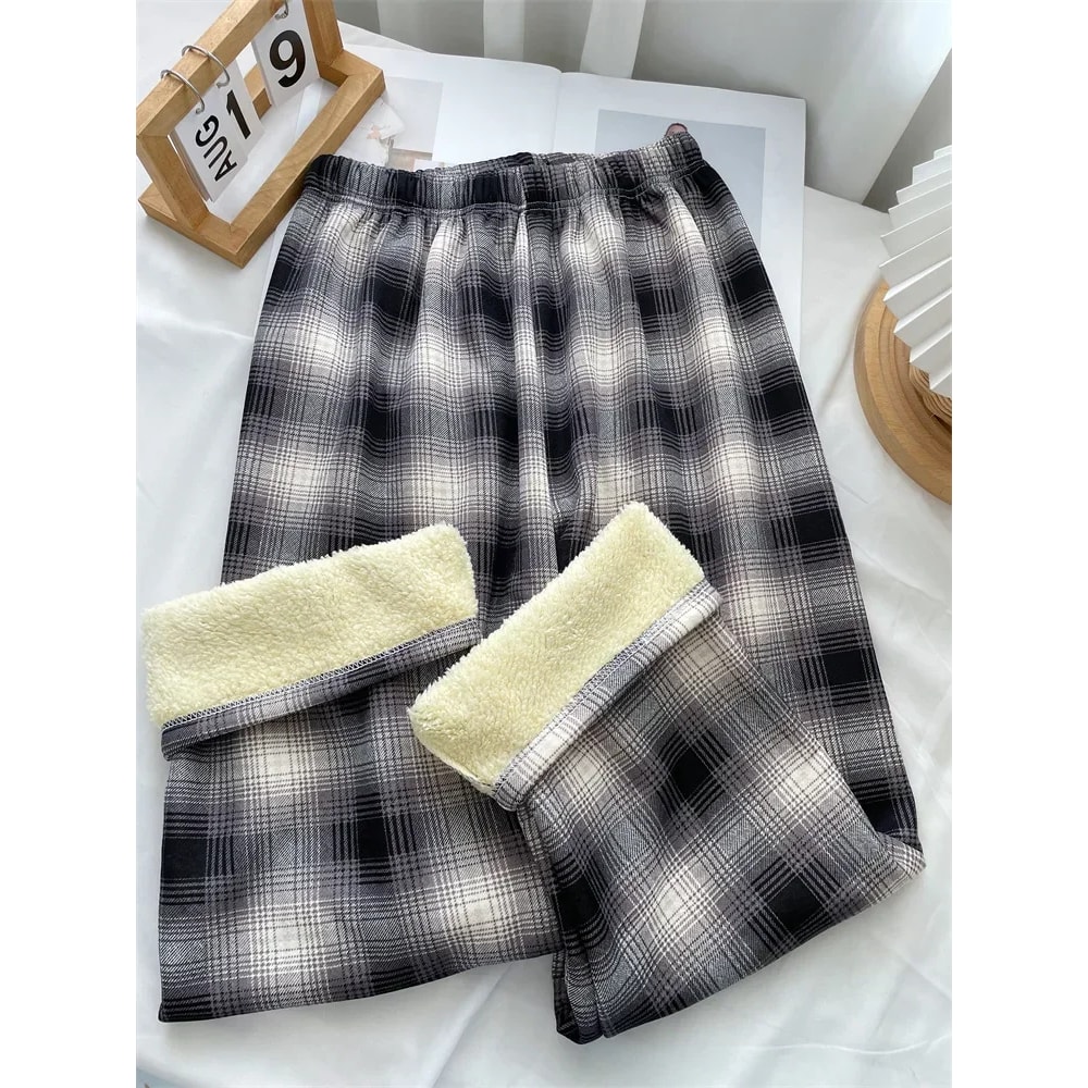 Fashion Warm Plush Pants Cashmere Thick Plaid Ladies Winter Casual Loose Widelegged Pants For Stree 8