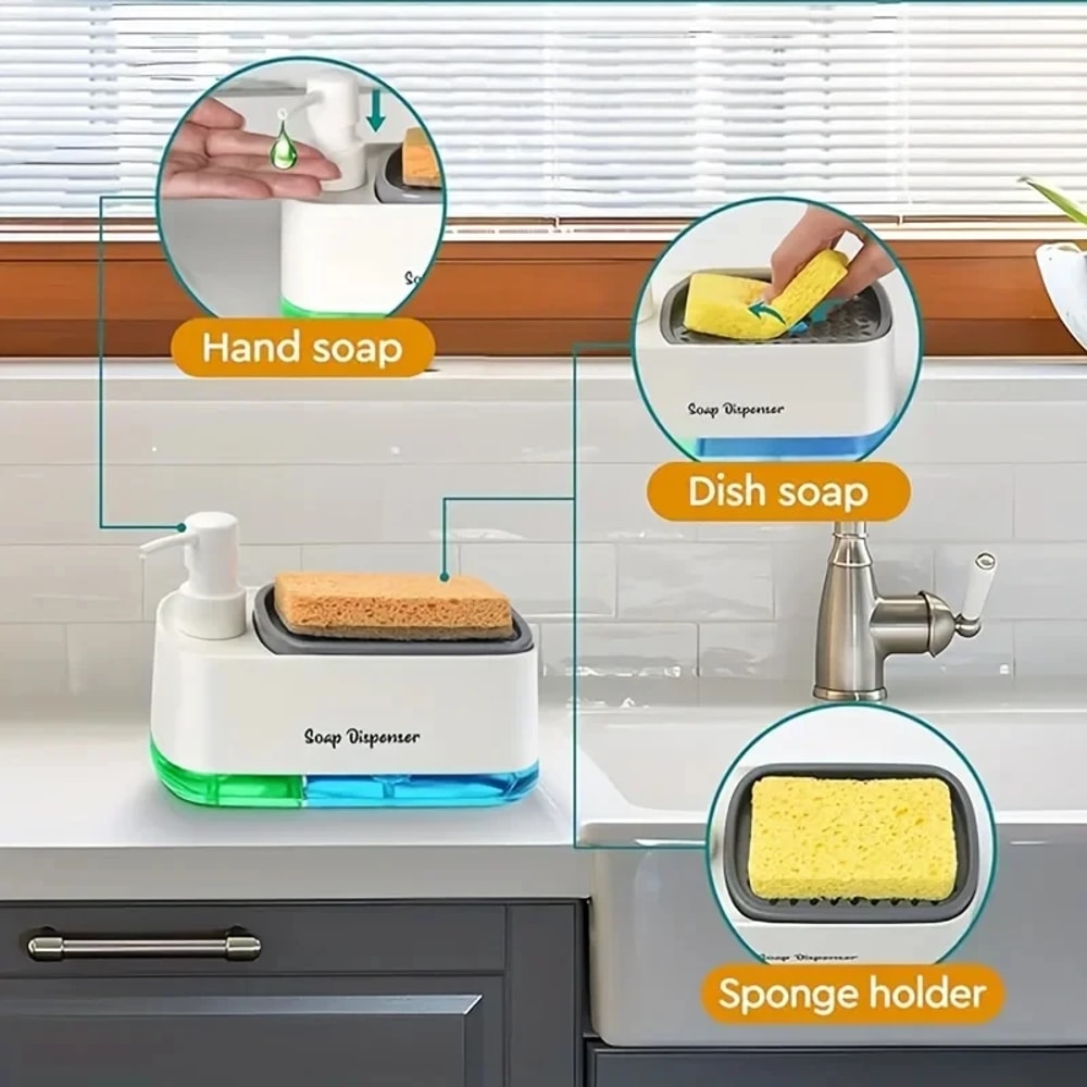 Hand And Dish Soap Dispenser Set Detergent Dispenser Countertop Soap Pump Sponge Holder For Kitchen 3
