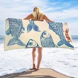 super soft sardine print, beach towel, blue retro design, microfiber, for beach, swimming, pool, yoga