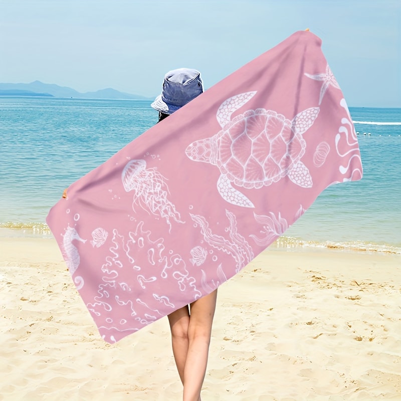 Pink Cartoon Turtle And Jellyfish Beach Towel Polyester Fabric Rectangular Design For Summer Travel 1