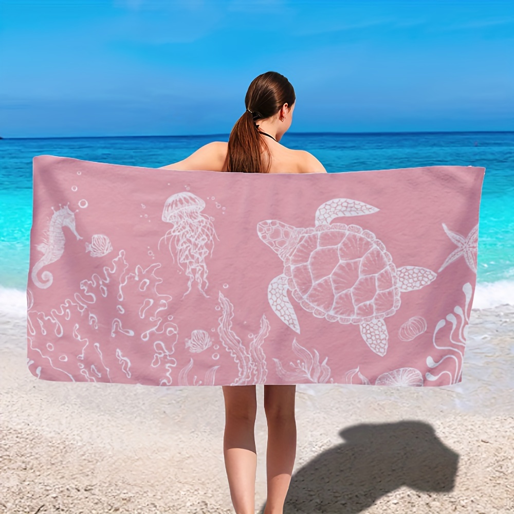Pink Cartoon Turtle And Jellyfish Beach Towel Polyester Fabric Rectangular Design For Summer Travel 2