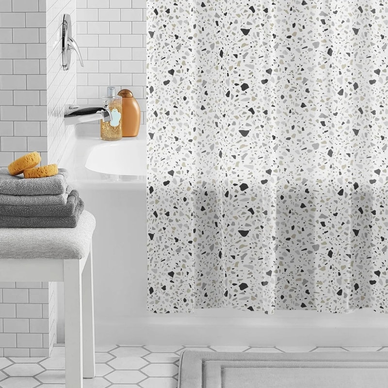Eco Friendly Waterproof PEVA Shower Curtain Set Black White Terrazzo Pattern Easy Clean Recycled 2