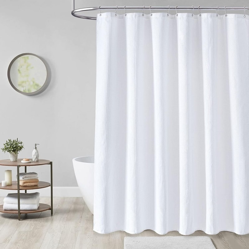 White Polyester Waffle Shower Curtain Waterproof Solid Color Toilet Curtain, No Drilling Summer Shower Curtain for Hotel