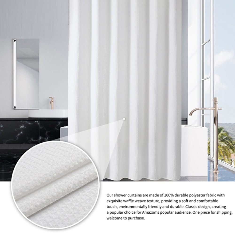 White Polyester Waffle Shower Curtain Waterproof Solid Color Toilet Curtain, No Drilling Summer Shower Curtain for Hotel
