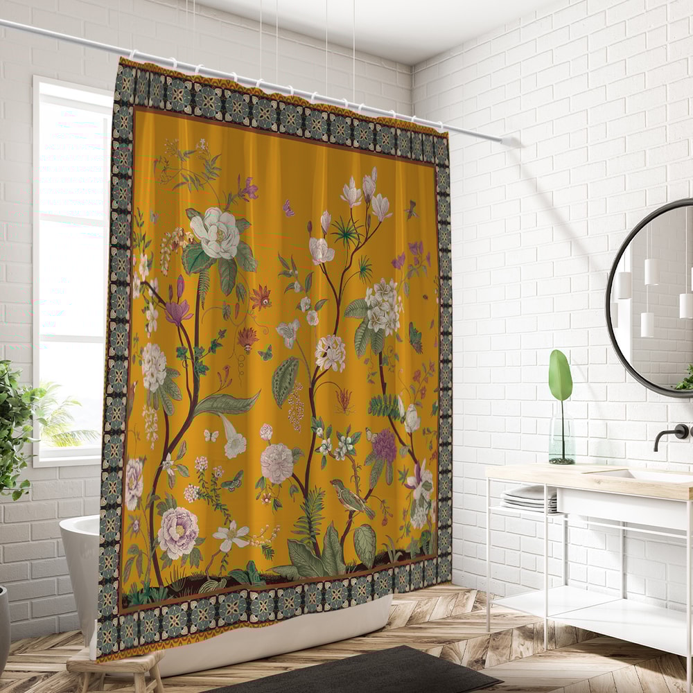 Yellow Retro Floral Pattern Printed Shower Curtain Partition, Bathroom Waterproof and Mildew Proof