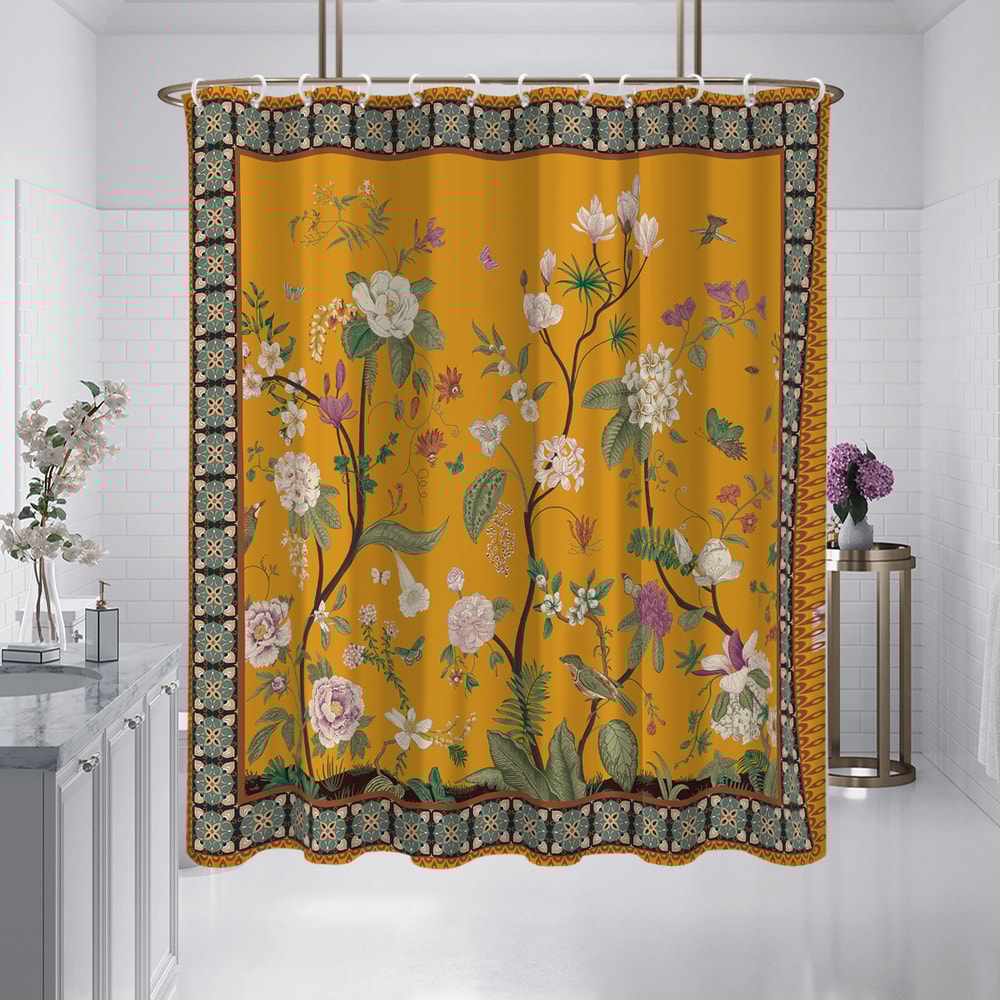 Yellow Retro Floral Pattern Printed Shower Curtain Partition, Bathroom Waterproof and Mildew Proof