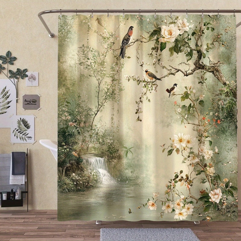 Landscape With Birds And Trees Scene Shower Curtain Washable Waterproof Polyester Bath Curtain Dirt 0