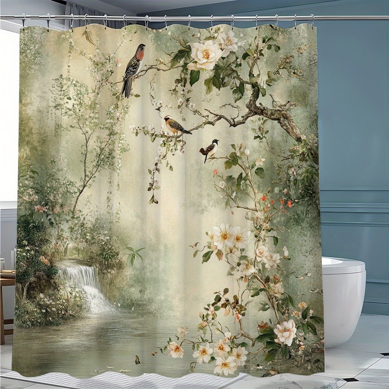 Landscape With Birds And Trees Scene Shower Curtain Washable Waterproof Polyester Bath Curtain Dirt 1