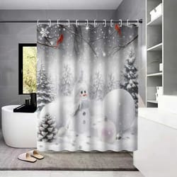 christmas white snowman shower curtain with hooks, waterproof shower partition curtain