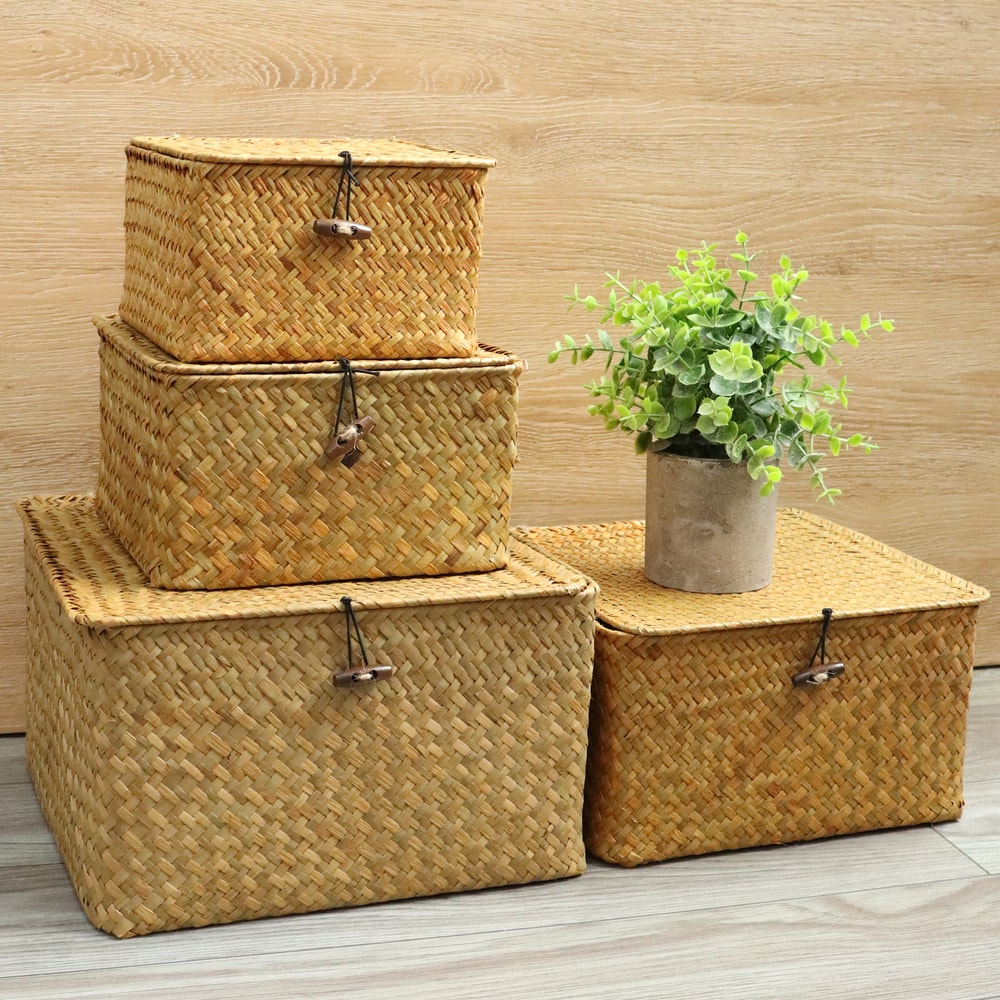 Set of 4 Seagrass Baskets with Lid, Wicker Storage Organizer for Shelf, Flat Storage Bins and Decor