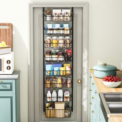 multi layer door hanging storage basket, punch free space saving home organizer, black storage basket for door