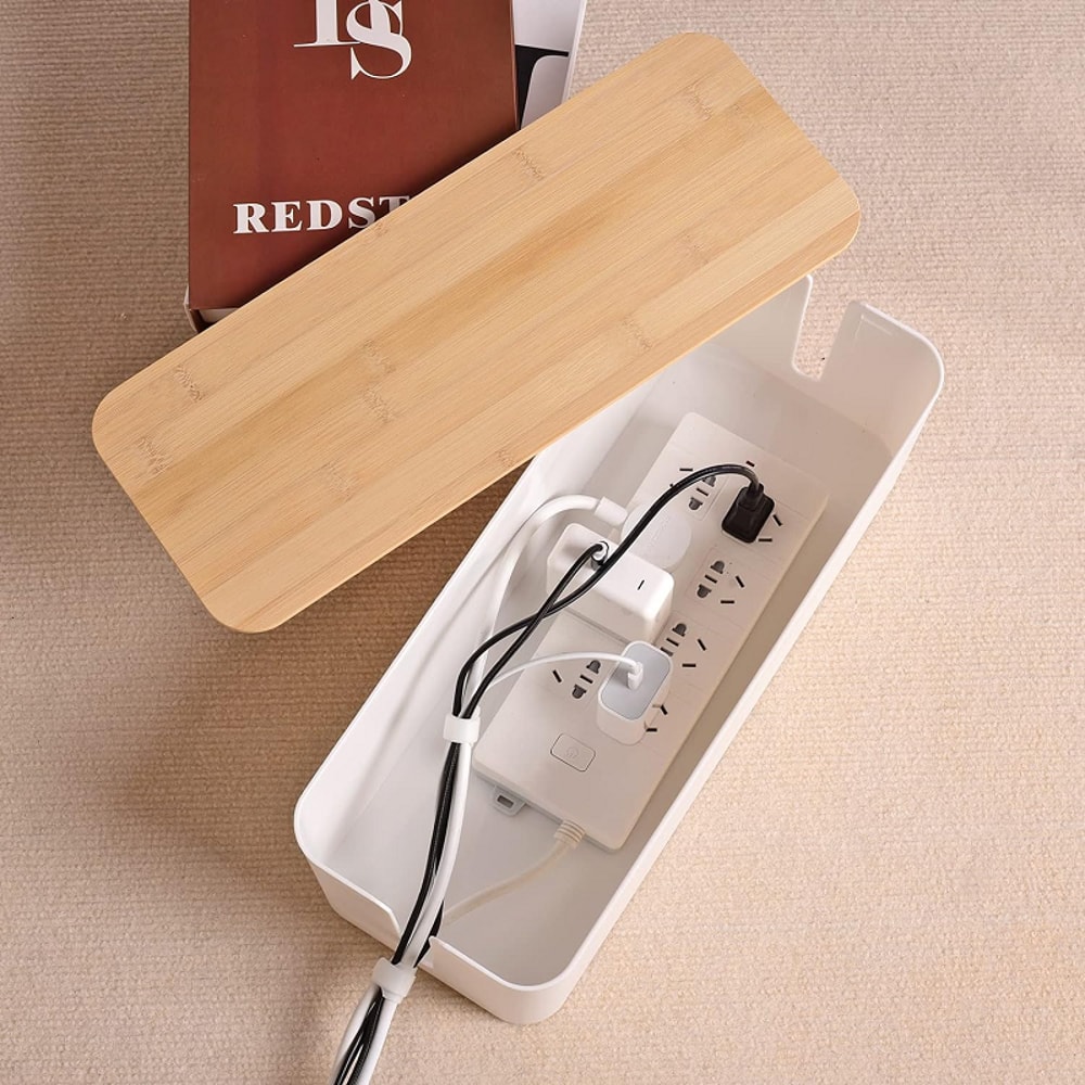 Cable Storage Box Wooden Power Strip Case Wire Management Organizer Anti Dust Charger Socket Storag