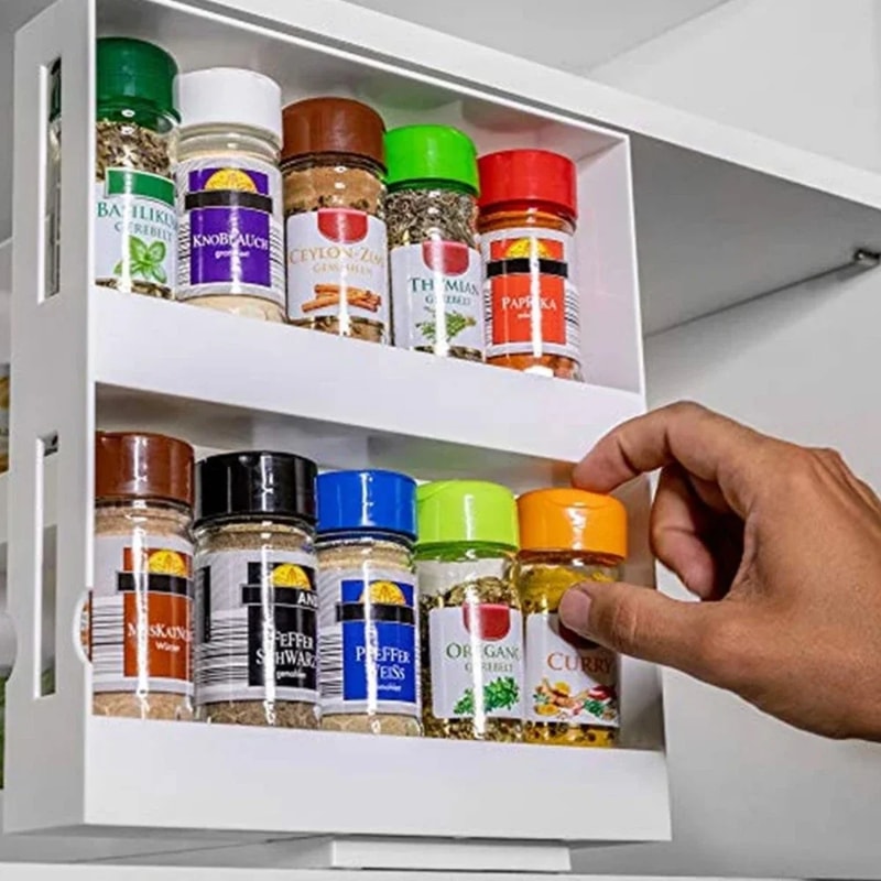 Spice Organizer Rack, 2 Tier Rotating Storage Shelf, Slide Kitchen Cabinet Cupboard Organizer