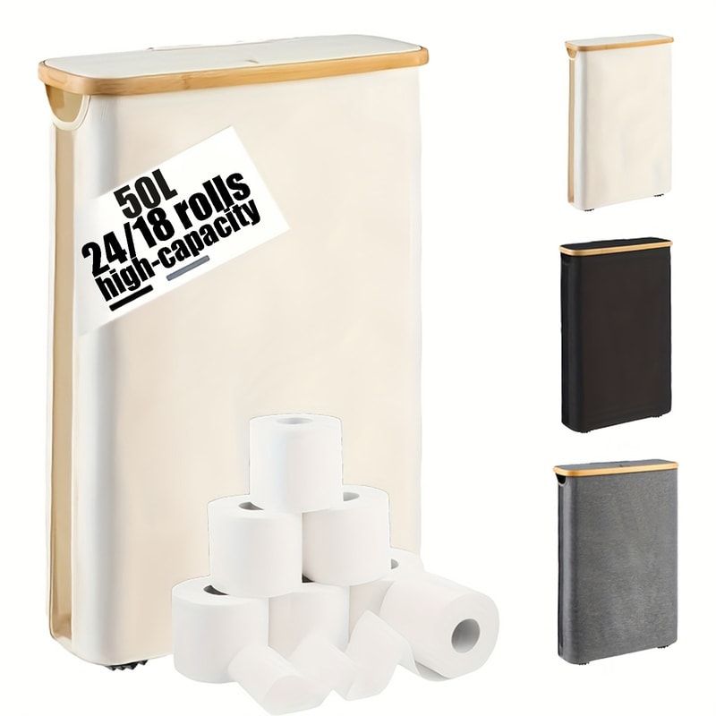 Foldable Bamboo Frame Long Roll Paper Storage Box Anti Slip Base, Bathroom Organizer Storage Container