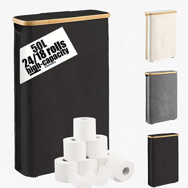 Foldable Bamboo Frame Long Roll Paper Storage Box Anti Slip Base, Bathroom Organizer Storage Container