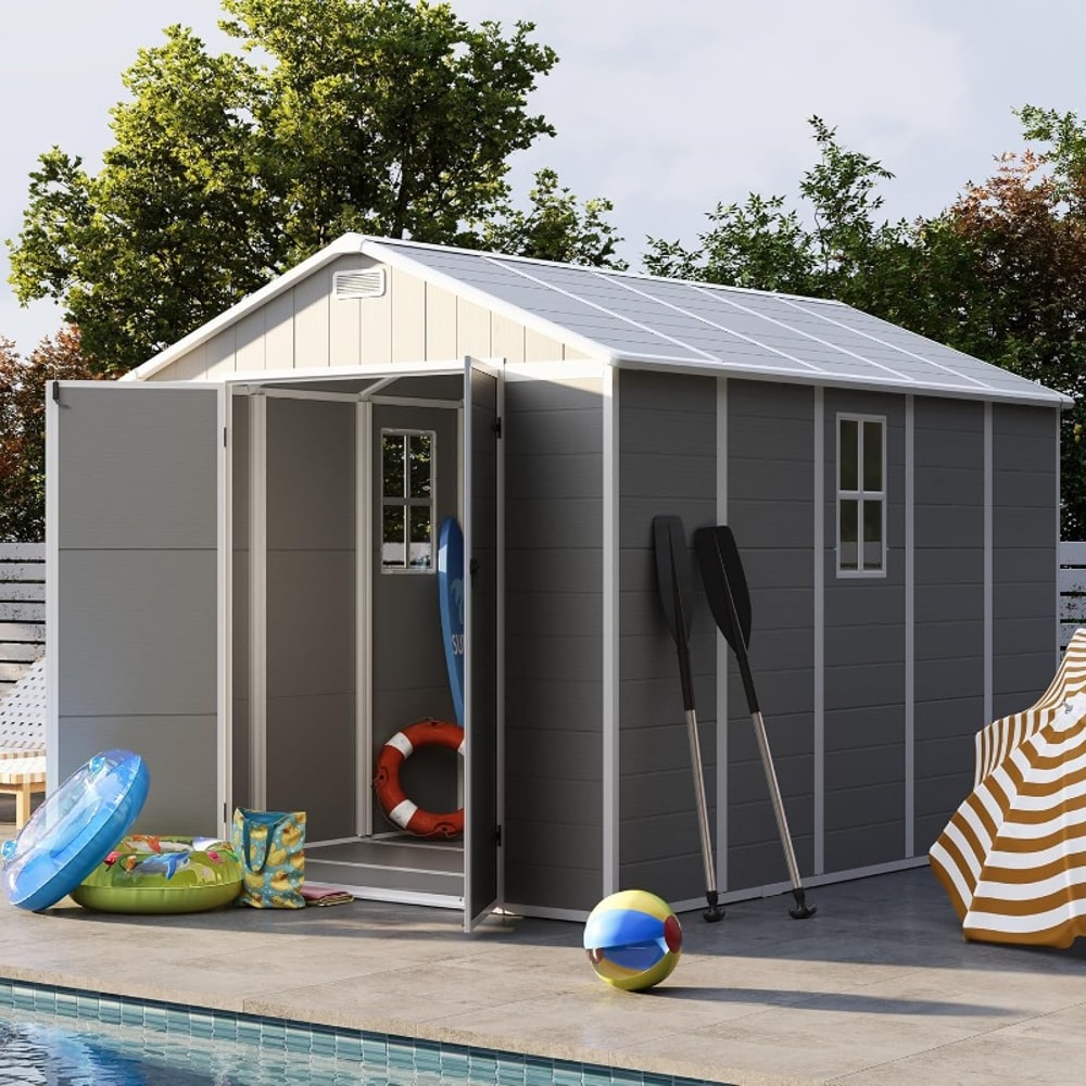 Storage Shed Resin Outdoor Garden Shed with Floor, Lockable Door Outdoor Storage, Patio Storage for Tools, Bike, Lawn