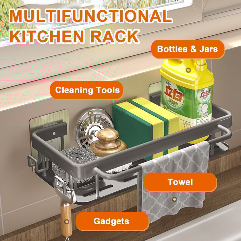 Kitchen Sink Drain Rack With Tray Aluminum Sink Shelf Soap Sponge Holder Dishcloth Towel Rack Filte 2