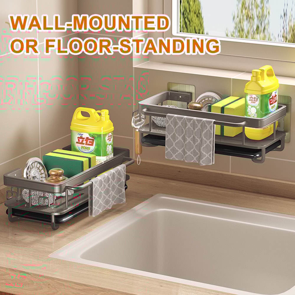 Kitchen Sink Drain Rack With Tray Aluminum Sink Shelf Soap Sponge Holder Dishcloth Towel Rack Filte 4