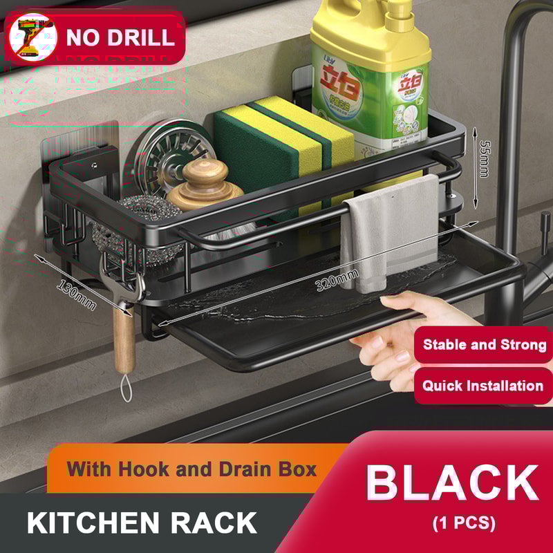 Kitchen Sink Drain Rack With Tray Aluminum Sink Shelf Soap Sponge Holder Dishcloth Towel Rack Filte 6