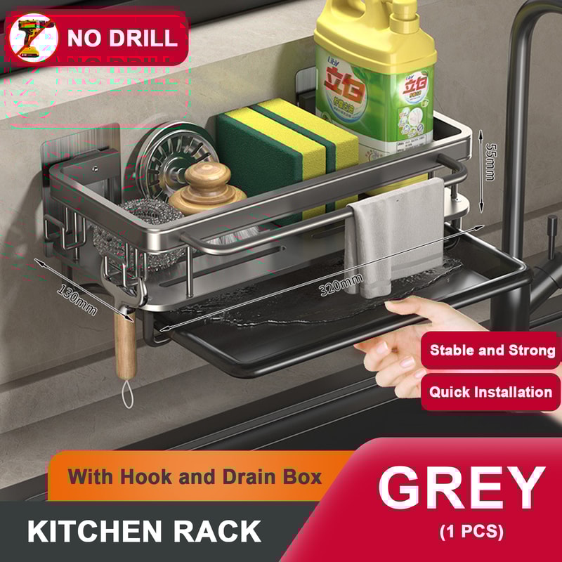 Kitchen Sink Drain Rack With Tray Aluminum Sink Shelf Soap Sponge Holder Dishcloth Towel Rack Filte 7