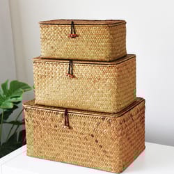 handmade wicker woven storage box with lid, rattan finishing basket for laundry, towels cosmetics, sundry bath container