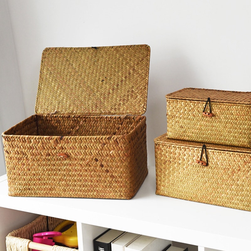 Handmade Wicker Woven Storage Box With Lid Rattan Finishing Basket For Laundry Towels Cosmetics Sun 2