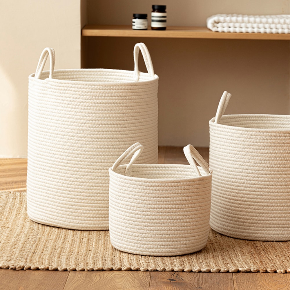 Solid White Laundry Basket For Home Organization Baby Toy Storage Cotton Rope Woven Sundries Organi 1