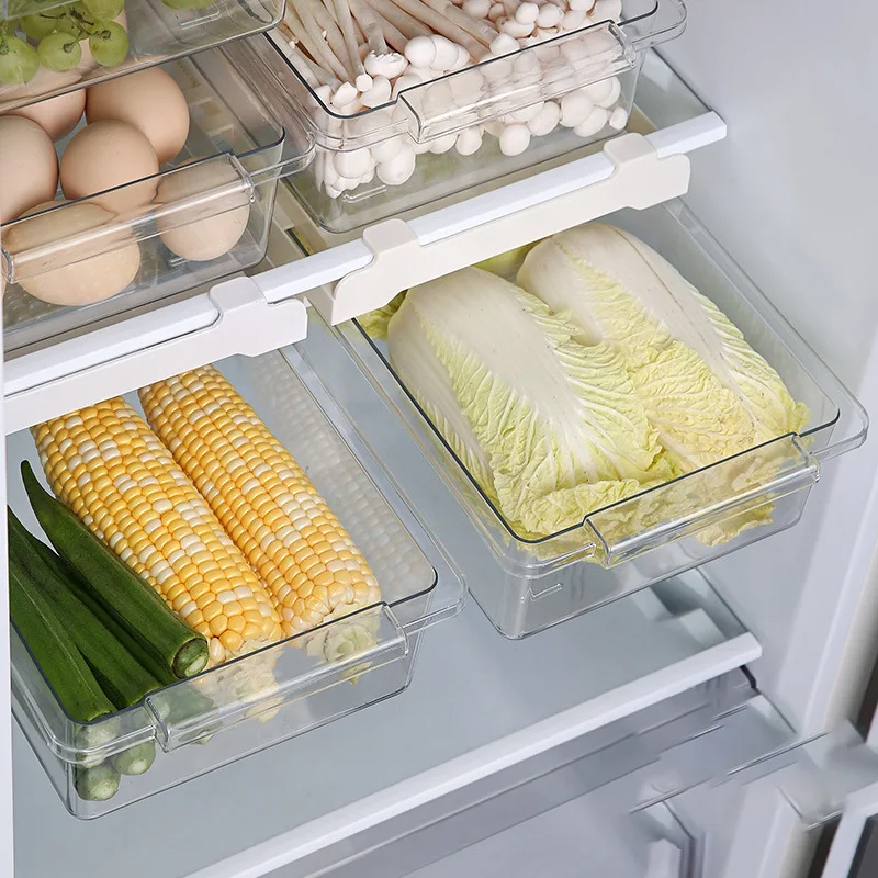 Refrigerator Drawer Style Food Storage Box, Sliding Plastic Cooking Container, Shelf Support, Fruit Packaging Machine