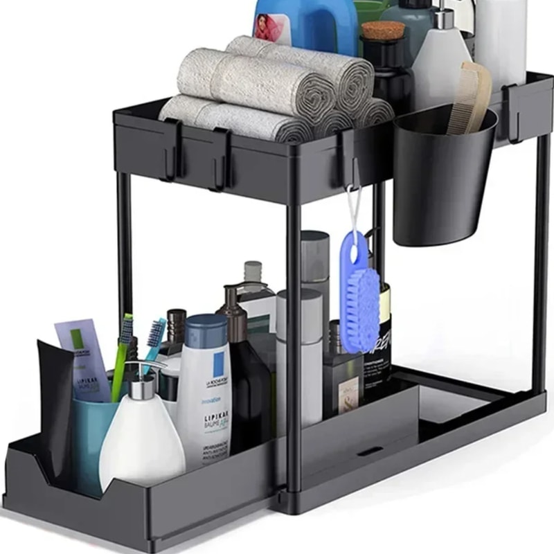 Under Sink Organizer, Sliding Cabinet Basket Organizer, Storage Rack with Hooks, Hanging Cup Bathroom Kitchen Organizer
