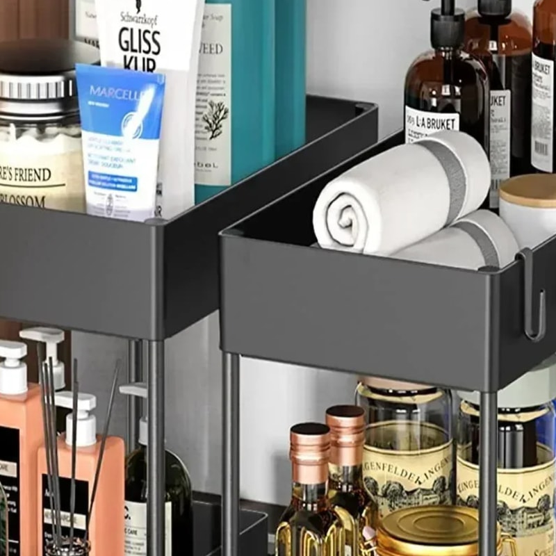 Under Sink Organizer, Sliding Cabinet Basket Organizer, Storage Rack with Hooks, Hanging Cup Bathroom Kitchen Organizer