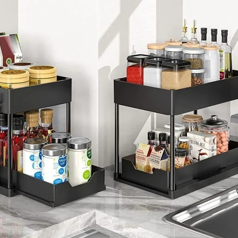 Under Sink Organizer, Sliding Cabinet Basket Organizer, Storage Rack with Hooks, Hanging Cup Bathroom Kitchen Organizer