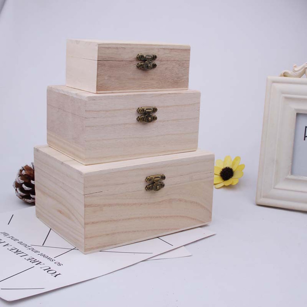 Color Scotch Plain Wood Wooden Square Hinged Storage Boxes Craft Gift Box Handmade Case Box For Sto 0