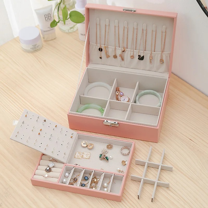 Doublelayer Jewelry Box With Locks PU Leather Jewelry Storage Organizer Ring Box And Makeup Case Fo 3