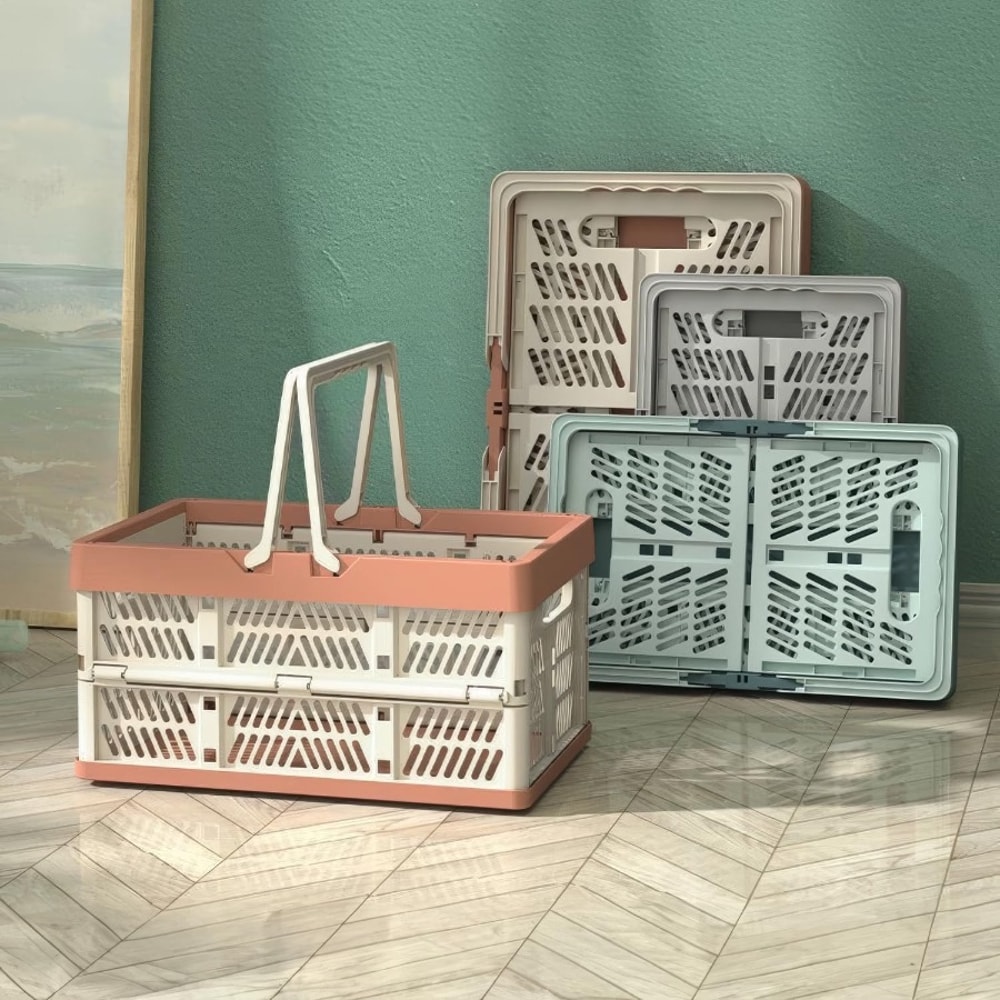 Collapsible Crate for Storage, Pink Plastic Milk Crates, Versatile Shopping Basket for Kitchen and Bathroom