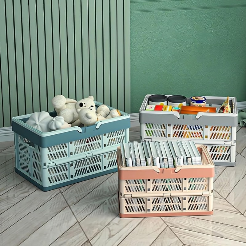 Collapsible Crate for Storage, Pink Plastic Milk Crates, Versatile Shopping Basket for Kitchen and Bathroom